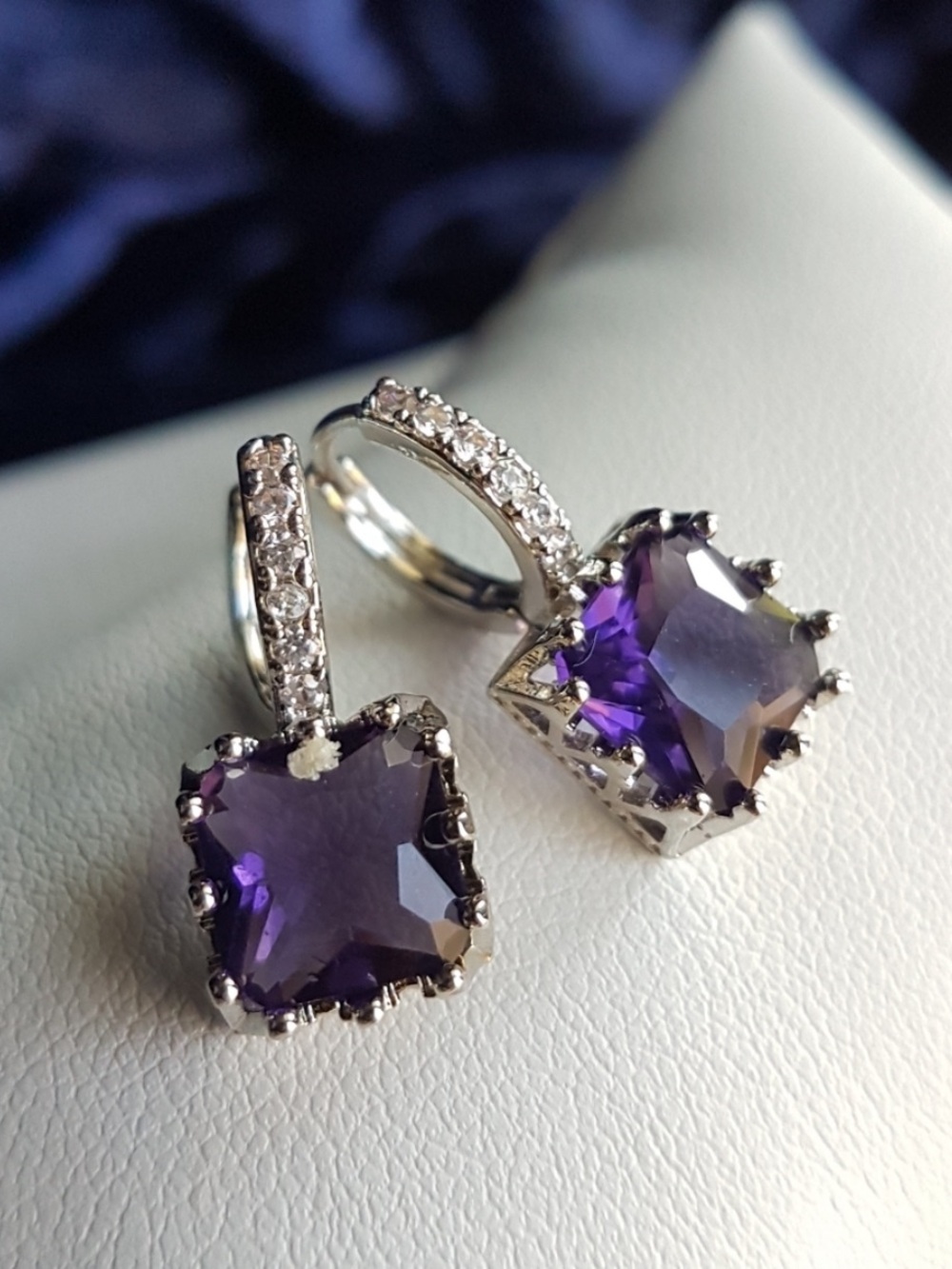 Swarovski Elements 925 Silver 5.0 ct Square Purple Solitaire Drop Earrings NEW